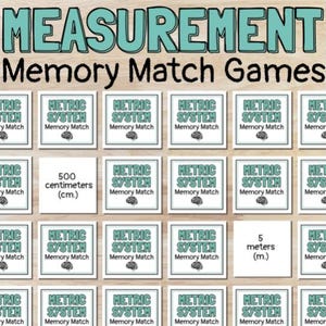 Puede incluir: Un juego de memoria con el texto "MEASUREMENT Memory Match Games" sobre un fondo claro con vetas de madera. El juego incluye tarjetas con "METRIC SYSTEM Memory Match" y medidas como 500 cm y 5 metros.