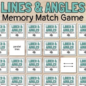 May include: A memory match game with the title "LINES & ANGLES" in teal letters. The game includes cards with the words "LINES & ANGLES Memory Match" and illustrations of geometric concepts like parallel lines. The game is designed for educational purposes.