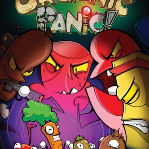 May include: A comic book cover with the title "Organic Panic!" in a brown, green, and red color scheme. The cover features a variety of cartoon characters, including a red, green, and brown monster, a carrot, a potato, and a coconut.