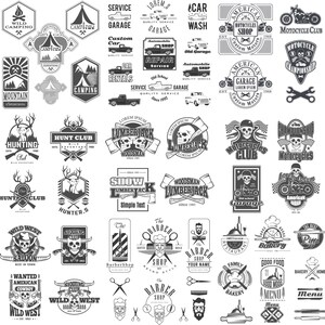 May include: A collection of black and white vintage logo designs for various businesses, including hunting, lumberjack, motorcycle, barber, and bakery. The logos feature skulls, axes, deer, motorcycles, and other related imagery.
