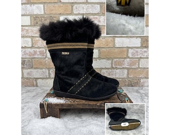 Tecnica Vintage Black Pony Hair Fur Trim Apres Ski Boots Made in Italy  Sz 8.5