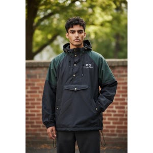 May include: A black and green hooded anorak jacket with the text "KU University of Kansas" in white. The jacket has a front pocket, snap closures, and drawstrings. The sleeves and hood are green, and the body is black.