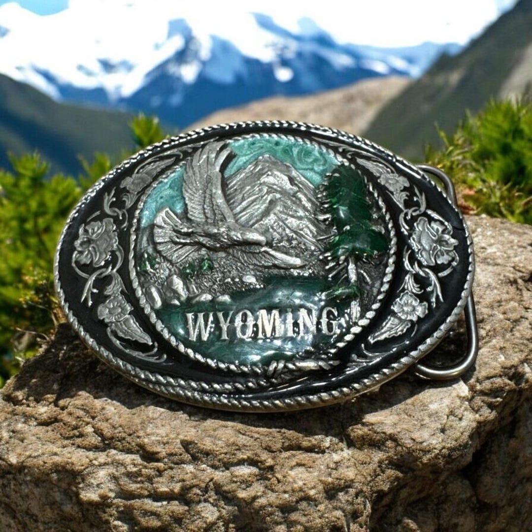 1991 Siskiyou Green Enameled Wyoming Bald Eagle Mountain Belt Buckle Vintage‎ 1991 Siskiyou Green Enameled Wyoming Bald Eagle Mountain  main image 3