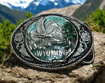 WYOMING State Eagle Mountains River Enamel Pewter Belt  display picture 3