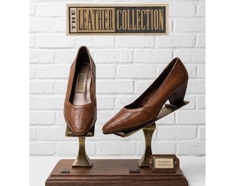 VTG The Leather Collection Woven Brown Leather Pumps Heels 90s Boho Western