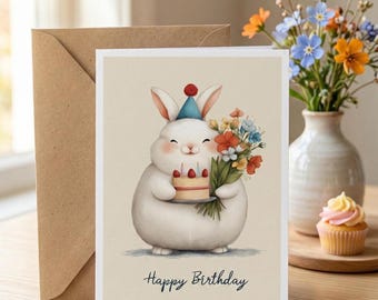 Floral Bunny Birthday Card, Cute Rabbit Greeting Card with Flowers, Whimsical Animal Art Card for Her, Birthday Card for Friend