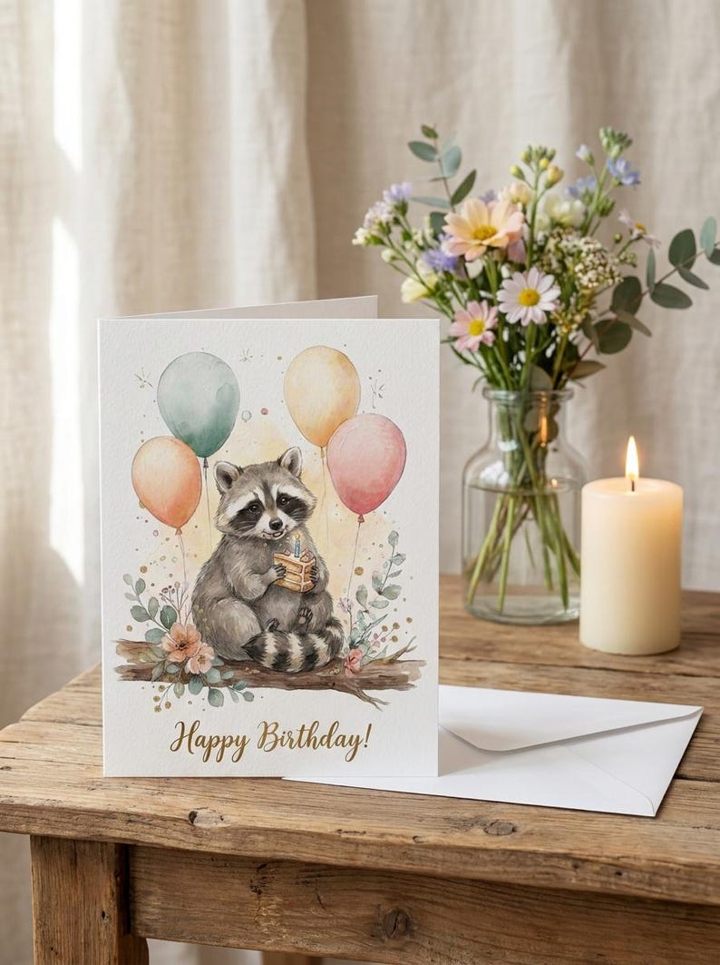 Raccoon Birthday Card, Cute Watercolor Raccoon With Cake Greeting Card ...