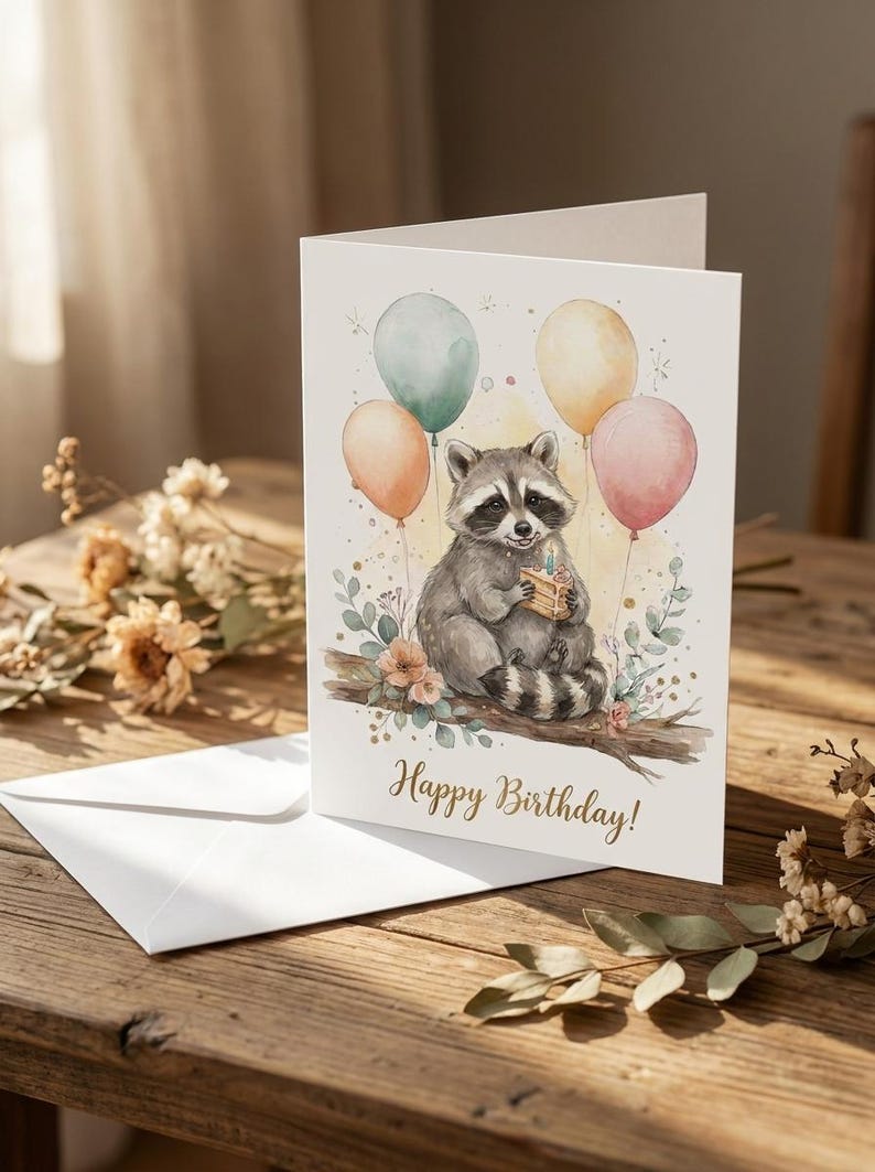 Raccoon Birthday Card, Cute Watercolor Raccoon With Cake Greeting Card ...