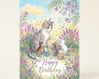 Cat Birthday Card, Mama Cat Teaching Kittens Firefly Catching Card, Moonlit Garden Birthday Greeting, Whimsical Cat Lover Gift