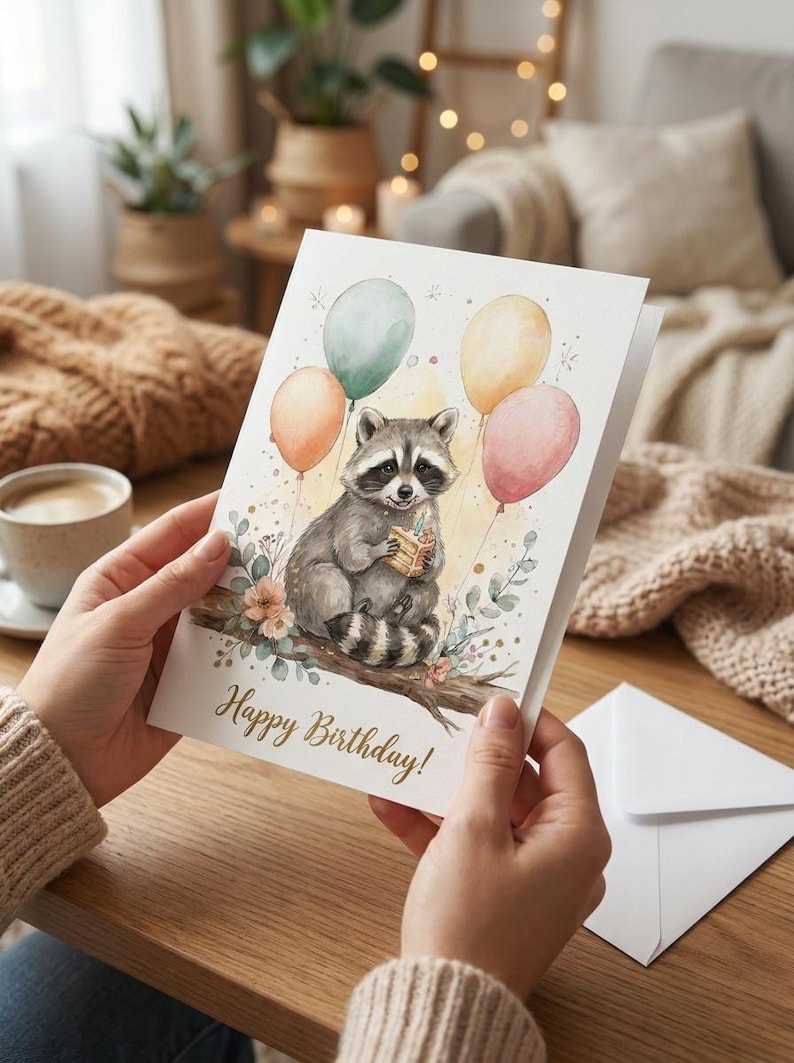Raccoon Birthday Card, Cute Watercolor Raccoon With Cake Greeting Card ...