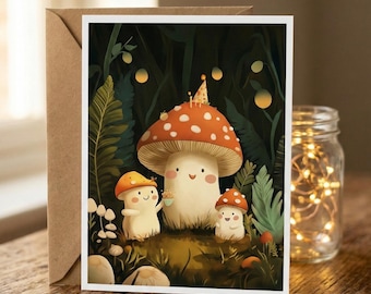 Cute Mushroom Birthday Card, Cottagecore Mushroom Family Greeting Card, Whimsical Fungi Card for Her, Nature Art Birthday Gift