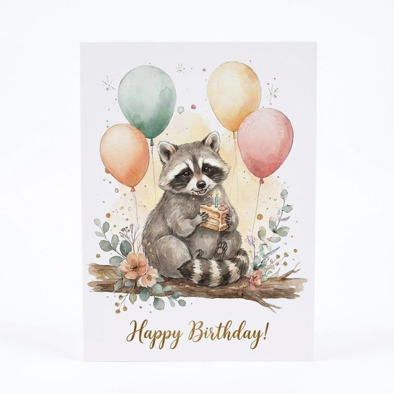 Raccoon Birthday Card, Cute Watercolor Raccoon With Cake Greeting Card ...
