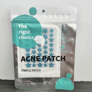 May include: Clear plastic package containing acne patches. The package has a teal and white design with the words "The right choice" and "ACNE PATCH" printed on it. The patches are star-shaped and teal. The package also says "Pimple Patch".