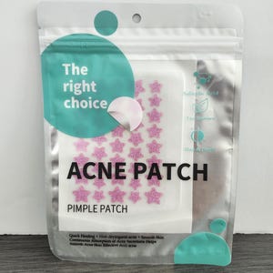 May include: A clear plastic package containing acne patches. The package has a teal and white design with the words "The right choice" and "ACNE PATCH" in bold letters. The patches are star-shaped and pink.