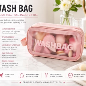 May include: A rectangular, light pink wash bag with a clear plastic front panel featuring the word WASHBAG in white letters. The bag has a side handle and a zipper closure, containing various pink cosmetic sponges visible through the clear window.