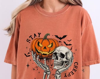 Womens Halloween Sweatshirt, Skeleton Hands, Creepy Pumpkin Skull Tee
