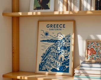 Santorini Greece Print – Minimalist Greece Painting, Blue Santorini Poster, Greek Island Digital Wall Art Download