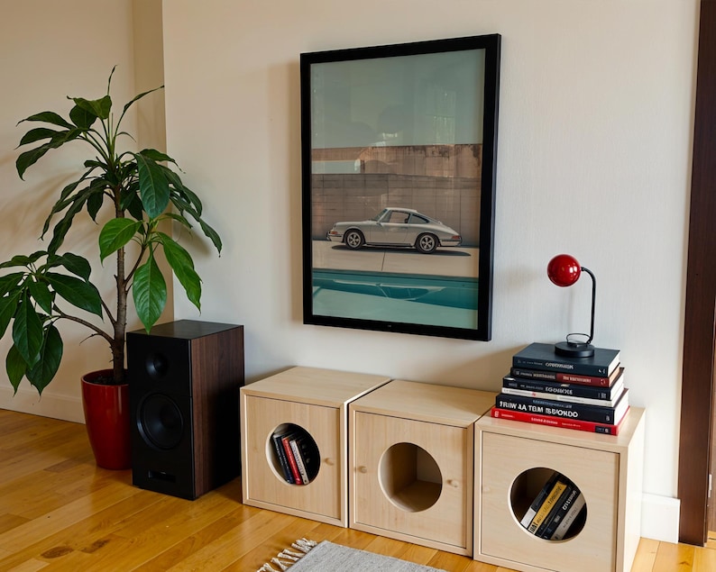 May include: A living room scene featuring a framed car print, a red desk lamp, and three wooden storage cubes with circular openings. A potted plant and a black speaker are also visible.