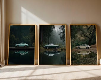 Vintage Porsche 911 Forest Print Set: Car Enthusiast Wall Art (Digital Download)