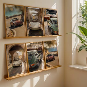 Vintage Porsche 911 Poster Bundle (5+1), Mediterranean Coastal Wall Art, Italian Riviera Car Print, Old Money Aesthetic Decor |Digital print