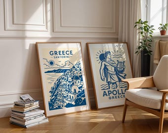 Santorini & Apollo Greece Wall Art Bundle – Greek Gods Poster Set, Digital Download, Greece Painting, Santorini Print, Apollo Statue Print