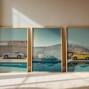 Lot 2+1 oeuvres d&#39;art murales Porsche – Édition été | Impressions de voitures classiques à téléchargement numérique | vintage 911 photographie au bord de la piscine | Coffret Car Guy
