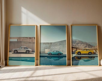 2+1 Porsche Wall Art Bundle – Summer Edition | Digital Download Classic Car Prints | Vintage 911 Poolside Photography | Car Guy Gift Set
