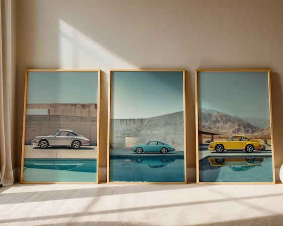 2+1 Porsche Wall Art Bundle – Summer Edition | Digital Download Classic Car Prints | Vintage 911 Poolside Photography | Car Guy Gift Set