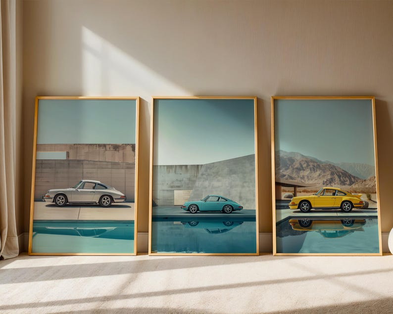 2+1 Porsche Wall Art Bundle – Summer Edition | Digital Download Classic Car Prints | Vintage 911 Poolside Photography | Car Guy Gift Set
