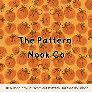 Fall Coquette Pumpkin Seamless Pattern, Pumpkins with Bows Digital File, Autumn Bow and Pumpkins Fabric Design for Surface Printing - Orange