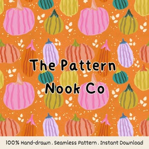 Pumpkin Fall Seamless Pattern, Cozy Autumn Themed Surface Pattern, PNG Instant Download, Colourful Pumpkin Digital Paper - Orange