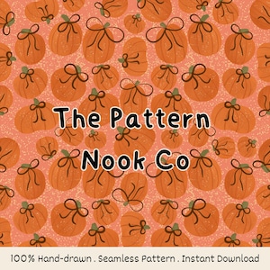 Fall Coquette Pumpkin Seamless Pattern, Pumpkins with Bows Digital File, Autumn Bow and Pumpkins Fabric Design for Surface Printing - Pink