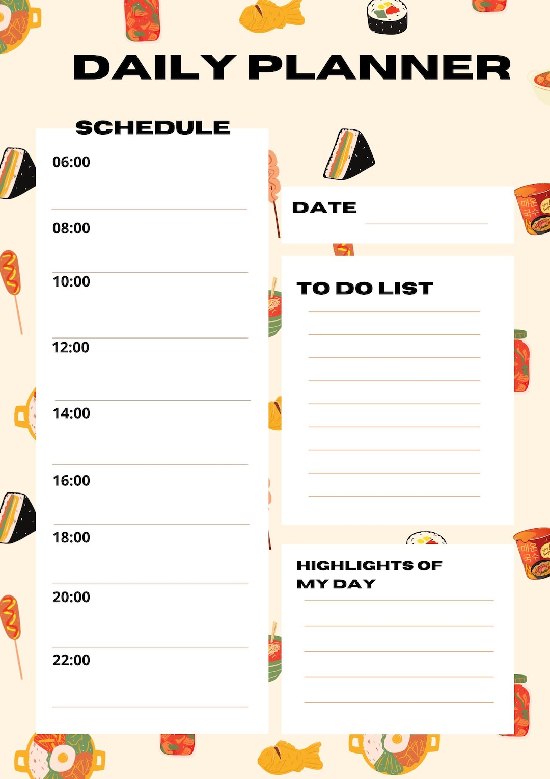 Printable Kawaii Daily Planner Cute Aesthetic Food Design A4 PDF ...