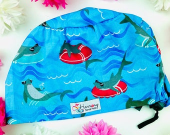 Cute Womens Scrub Cap Summer Sharks EURO® By Harmony Scrub Hats. Scrub Hat, OR Hats, Scrub Hats for Women, Surgical Scrub Cap