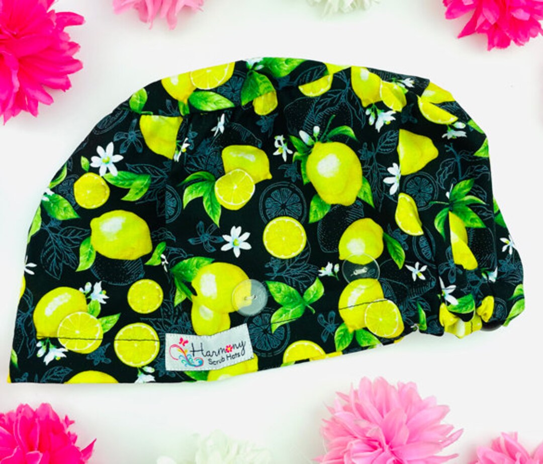 Cute Button Womens Scrub Cap Lemon Tree EURO® by Harmony Scrub Hats. OR