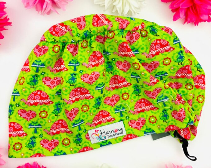 Cute BUTTON Womens Scrub Cap Turtles & Hearts EURO® by Harmony Scrub Hats. OR Hats, Button Scrub