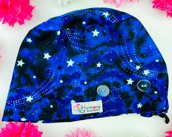 Cute Button Womens Scrub Cap Galaxy Stars EURO® By Harmony Scrub Hats. OR Hats, Button Scrub Hats for Women, Surgical Cap, Glow In the Dark