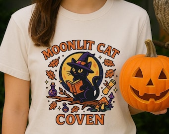 Moonlit Cat Coven Shirt | Witchy Black Cat Reading Book Lover Tee