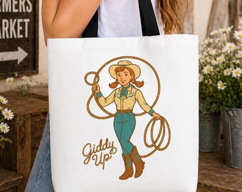Cowgirl Tote Bag | Western Canvas Giddy Up Market Purse