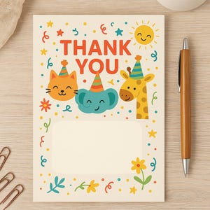 Tarjeta de agradecimiento infantil imprimible: animales adorables y mensaje personalizable
