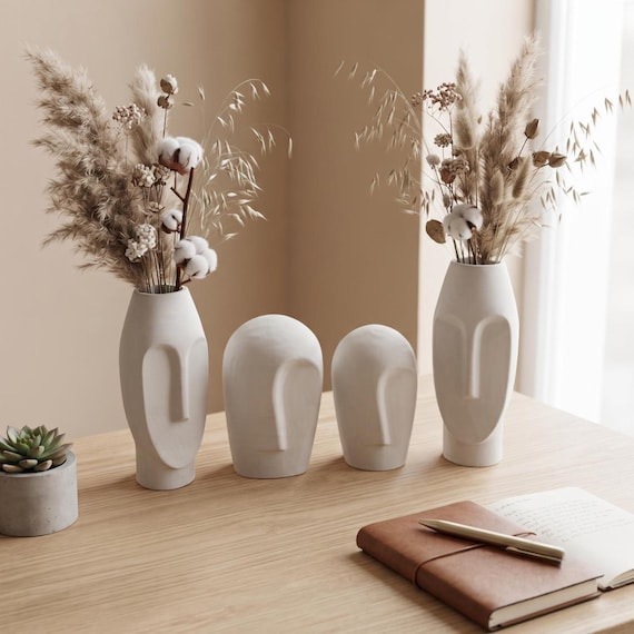 Abstraktes Gesicht Vasen-Set im weißen Stil Moderne Vase für minimalistische Regaldekor
