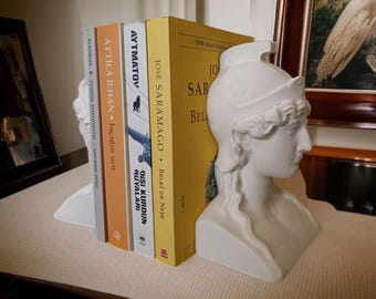 Athena Greek Goddess Bookends, Pair of White Mythology Statues for Shelf Decor