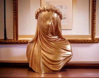 Veiled Virgin Mary Bust Statue Religious Christian Art Sculpture Gold and White Home Decor