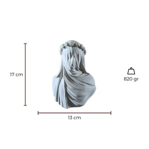 May include: A gray sculpture of a veiled bust, 17 cm tall and 13 cm wide, adorned with a floral crown. The sculpture weighs 820 grams. The draped fabric obscures the face, creating a mysterious and elegant aesthetic.