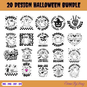 Puede incluir: Una colección de 20 diseños con temática de Halloween en blanco y negro. Los diseños incluyen fantasmas, calabazas y frases como "Spooky Season" y "Spooky Vibes". La imagen también incluye el texto "20 Design Halloween Bundle."