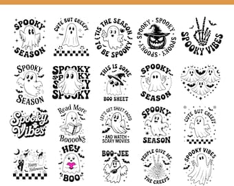 May include: A collection of 20 Halloween-themed designs in black and white. The designs include ghosts, pumpkins, and phrases like "Spooky Season" and "Spooky Vibes." The image also includes the text "20 Design Halloween Bundle."