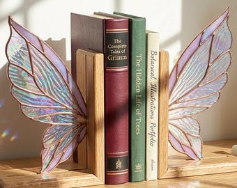 Stained Glass Fairy Wing Bookends, Whimsical Fantasy Decor, Fairycore Aesthetic Gift for Book Lovers, Iridescent Butterfly Wings Shelf Decor
