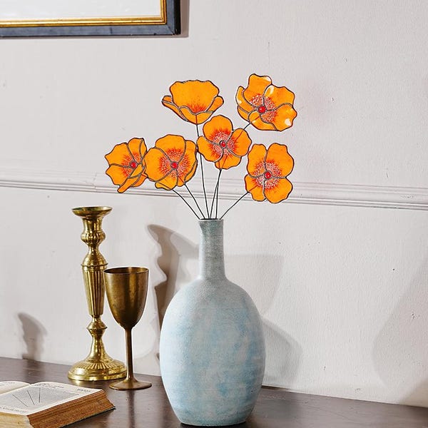 California Poppy Stained Glass Bouquet, Home Decor, Set of 6
