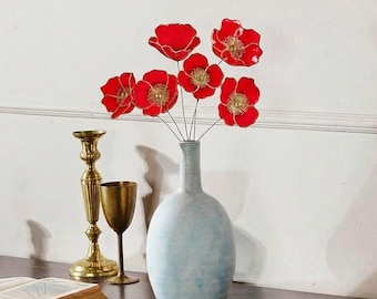 Bouquet di papaveri della California in vetro colorato fatto a mano, set di 6 fiori finti decorativi, decorazioni per la casa