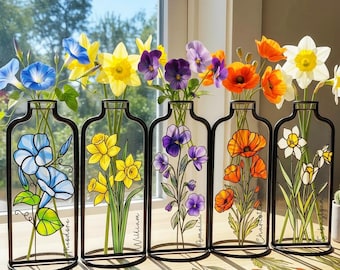 Personalized Stained Glass Birth Flower Vase, Custom Floral Gift, Mother's Day Gift for Mom Grandma, Floral Keepsake Plant Lover Gift